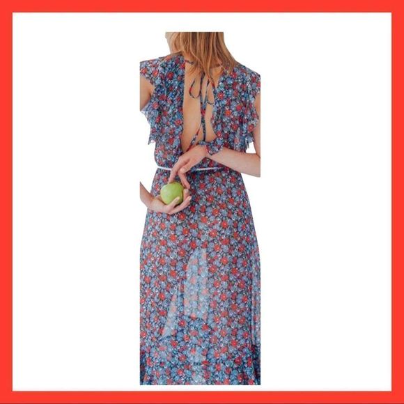 NWT, Robert Rodriguez Juliette Blue and Red Floral Maxi Dress - 4 - Picture 4 of 6